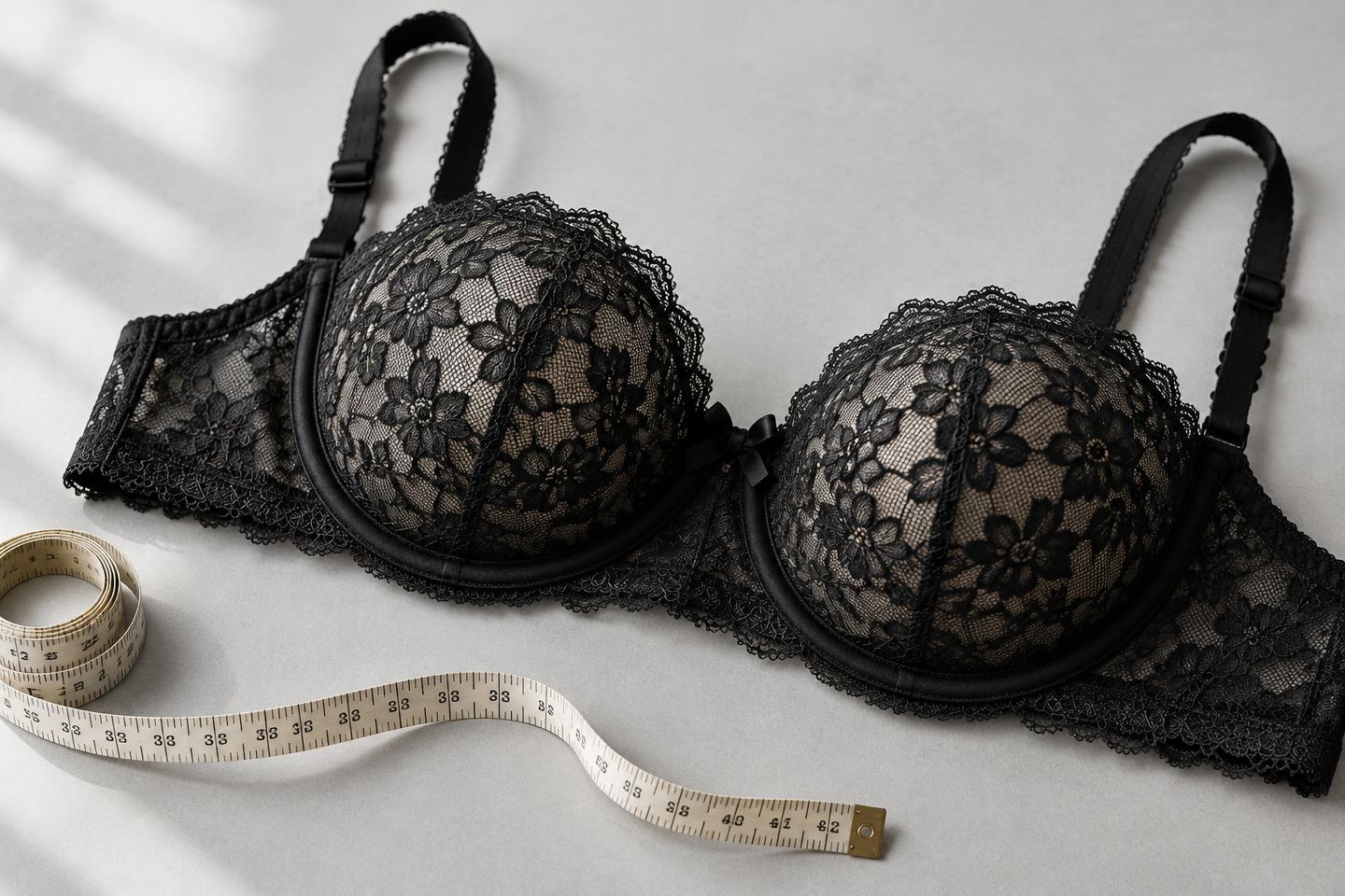 Soutien-gorge en dentelle noire et mètre ruban sur une surface claire