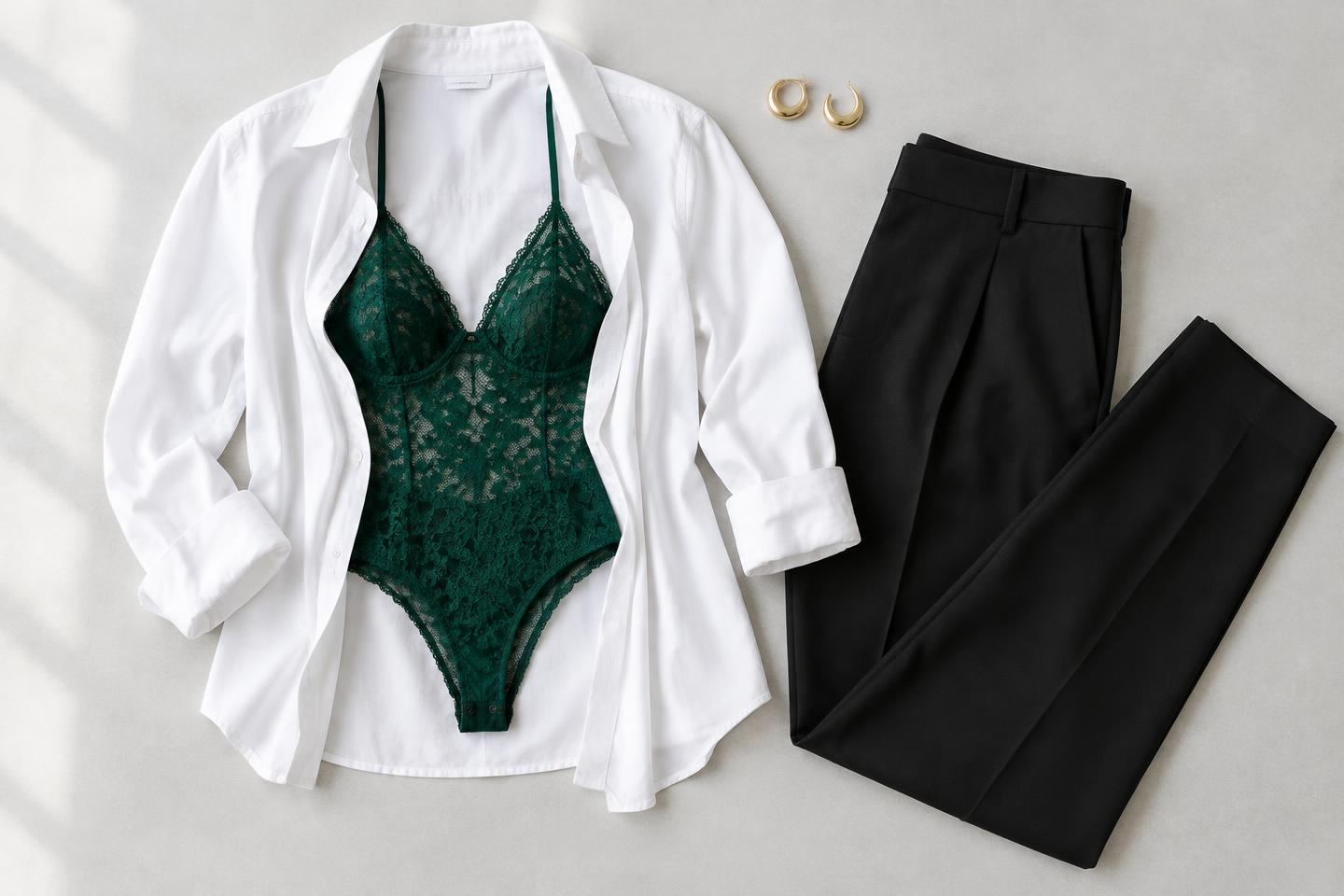 Superposer un body en dentelle avec une chemise ouverte
